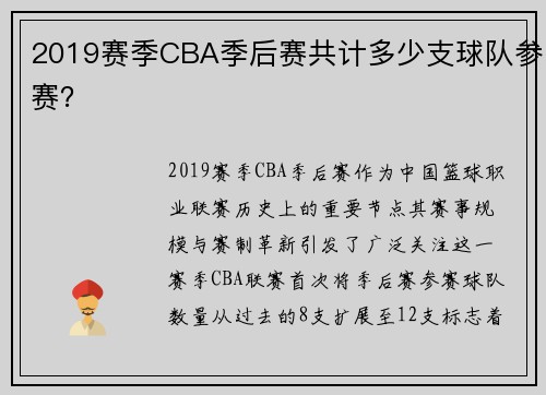 2019赛季CBA季后赛共计多少支球队参赛？