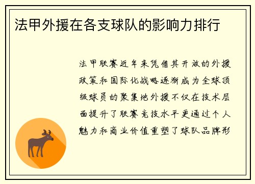 法甲外援在各支球队的影响力排行